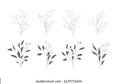 Botanical line art silhouette leaves hand drawn pencil sketches isolated on white background. Fine art floral elegant delicate graphic clipart for wedding invitation card. Vector illustration