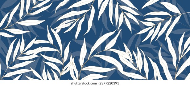 Botanical line art with tropical leaves. White foliage on blue background, for invitation, wall art or template. Vector art deco illustration. luxury trendy leaf art.	