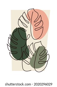 Botanical line art vector. A contemporary Monstera plant line-art drawing with abstract color shape. Foliage line art design for print, cover, minimal wall art.