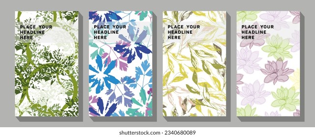  Botanical line art wallpaper with flowers, branches and eucalyptus leaves Modern exotic design for paper, cover, fabric, interior decor and other users.
