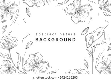 Botanical line background with flowers and leaves vector background.