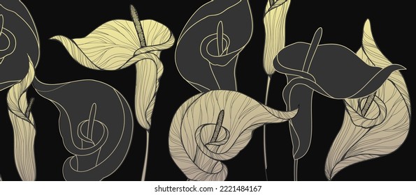 Botanical line bakground with calla flowers and leaves. Floral foliage for wedding invitation, wall art or card template. Vector illustration. Luxury rustic trendy art