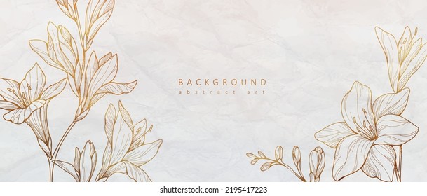 Botanical line bakground with flowers and leaves. Floral foliage for wedding invitation, wall art or card template. Vector illustration. Luxury rustic trendy art