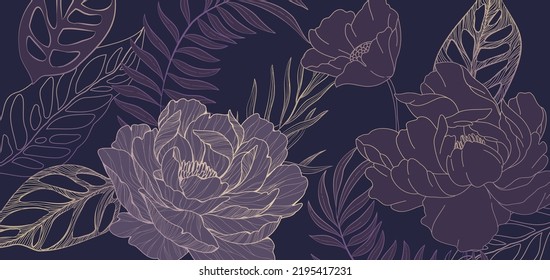 Botanical line bakground with flowers and leaves. Floral foliage for wedding invitation, wall art or card template. Vector illustration. Luxury rustic trendy art