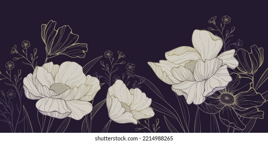 Botanical line bakground with flowers and leaves. Floral foliage for wedding invitation, wall art or card template. Vector illustration. Luxury rustic trendy art