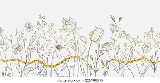 Botanical line bakground with flowers and leaves. Floral foliage for wedding invitation, wall art or card template. Vector illustration. Luxury rustic trendy art