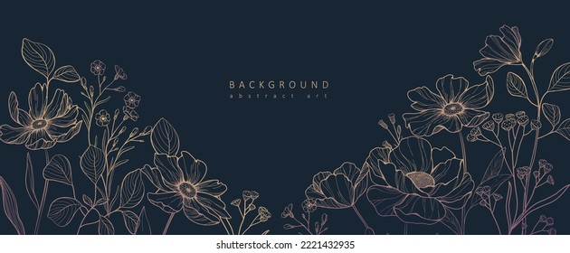 Pieza botánica con flores y hojas. Follaje floral para invitación de boda, arte mural o plantilla de tarjeta. Ilustración vectorial. Arte de moda rústico de lujo