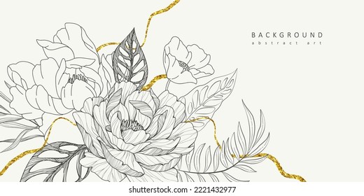 Botanical line bakground with flowers and leaves. Floral foliage for wedding invitation, wall art or card template. Vector illustration. Luxury rustic trendy art