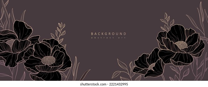 Botanical line bakground with flowers and leaves. Floral foliage for wedding invitation, wall art or card template. Vector illustration. Luxury rustic trendy art