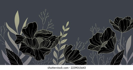 Pieza botánica con flores y hojas. Follaje floral para invitación de boda, arte mural o plantilla de tarjeta. Ilustración vectorial. Arte de moda rústico de lujo