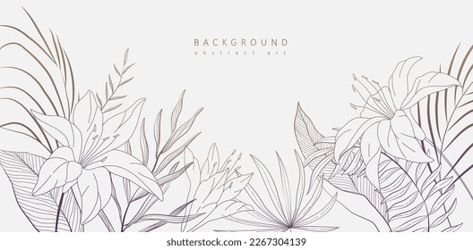 Botanical line bakground with flowers and leaves. Floral foliage for wedding invitation, wall art or card template. Vector illustration. Luxury rustic trendy art