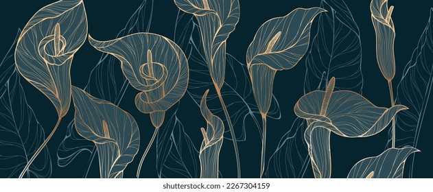 Botanical line bakground with flowers and leaves. Floral foliage for wedding invitation, wall art or card template. Vector illustration. Luxury rustic trendy art