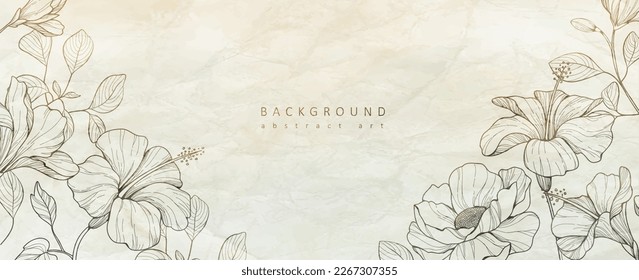 Botanical line bakground with flowers and leaves. Floral foliage for wedding invitation, wall art or card template. Vector illustration. Luxury rustic trendy art