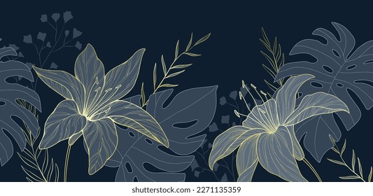 Botanical line bakground with flowers and leaves. Floral foliage for wedding invitation, wall art or card template. Vector illustration. Luxury rustic trendy art