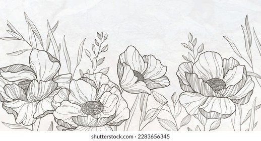 Pieza botánica con flores y hojas. Follaje floral para invitación de boda, arte mural o plantilla de tarjeta. Ilustración vectorial. Arte de moda rústico de lujo