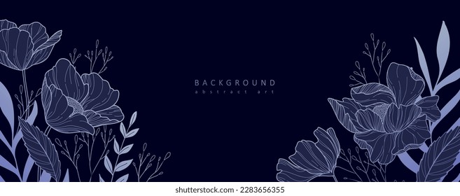 Botanical line bakground with flowers and leaves. Floral foliage for wedding invitation, wall art or card template. Vector illustration. Luxury rustic trendy art