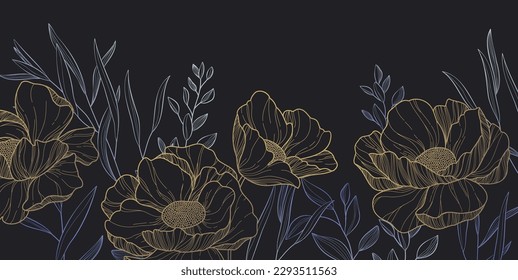 Botanical line bakground with flowers and leaves. Floral foliage for wedding invitation, wall art or card template. Vector illustration. Luxury rustic trendy art