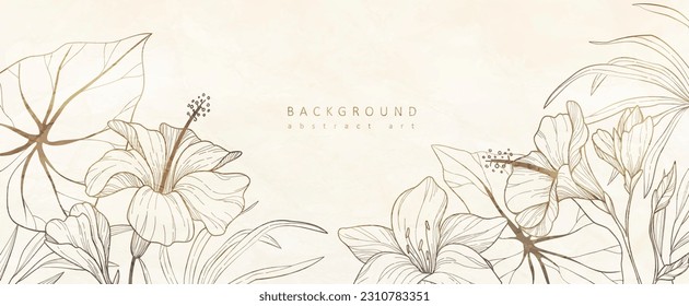 Botanischer Linienhintergrund mit Blumen und Blättern. Blumenblätter für Hochzeitseinladung, Tapete oder Kartenvorlage. Vektorgrafik. Luxus rustikale trendige Kunst