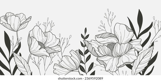 Botanical line bakground with flowers and leaves. Floral foliage for wedding invitation, wall art or card template