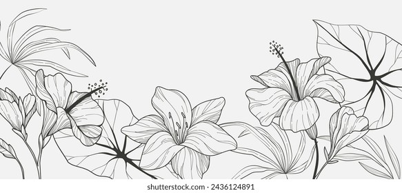 Botanical line bakground with flowers and leaves. Floral foliage for wedding invitation, wall art or card template. Vector illustration. Luxury rustic trendy