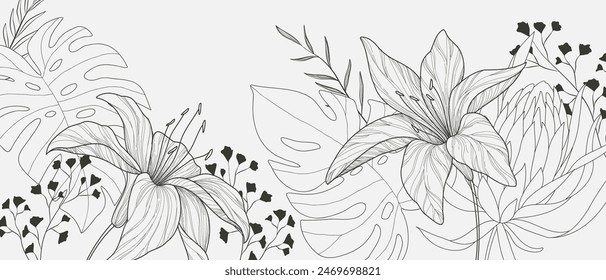 Fondo de línea botánica con flores y hojas. Follaje floral para invitación de boda, arte de la pared o Plantilla de la tarjeta. Ilustración vectorial. Lujo rústico de moda