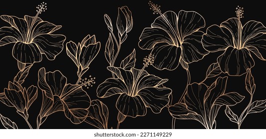 Botanical line bakground with hibiscus flowers and leaves. Floral foliage for wedding invitation, wall art or card template. Vector illustration. Luxury rustic trendy art