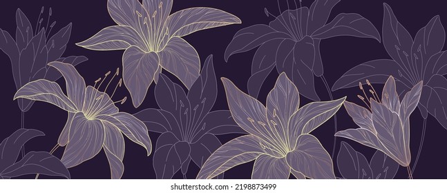 Botanical line bakground with lily flowers and leaves. Floral foliage for wedding invitation, wall art or card template. Vector illustration. Luxury rustic trendy art
