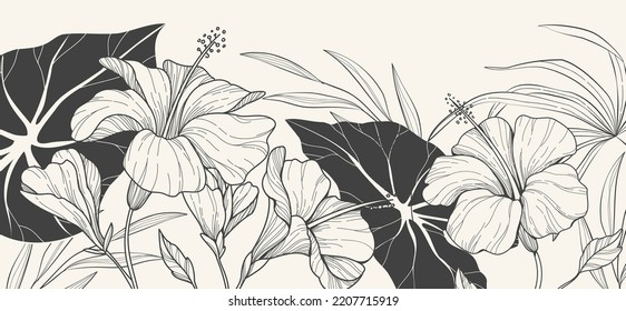 Botanical line bakground with lily flowers and leaves. Floral foliage for wedding invitation, wall art or card template. Vector illustration. Luxury rustic trendy art