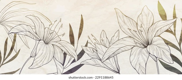 Botanical line bakground with lily flowers and leaves. Floral foliage for wedding invitation, wall art or card template. Vector illustration. Luxury rustic trendy art