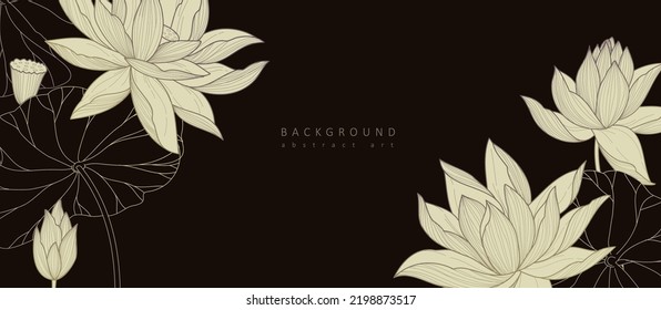 Botanical line bakground with lotus or water lily flowers and leaves. Floral foliage for wedding invitation, wall art or card template. Vector illustration. Luxury rustic trendy art