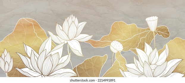 Botanical line bakground with lotus or water lily flowers and leaves. Floral foliage for wedding invitation, wall art or card template. Vector illustration. Luxury rustic trendy art