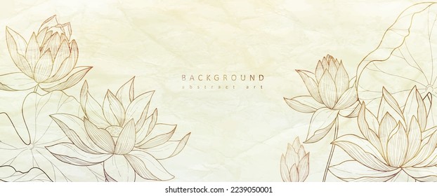 Botanical line bakground with lotus or water lily flowers and leaves. Floral foliage for wedding invitation, wall art or card template. Vector illustration. Luxury rustic trendy art