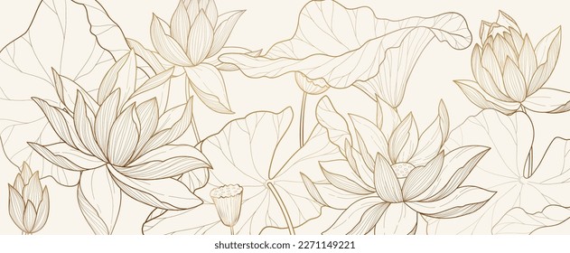 Botanical line bakground with lotus or water lily flowers and leaves. Floral foliage for wedding invitation, wall art or card template. Vector illustration. Luxury rustic trendy art