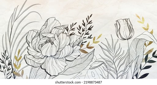 Botanical line bakground with peonies flowers and leaves. Floral foliage for wedding invitation, wall art or card template. Vector illustration. Luxury rustic trendy art