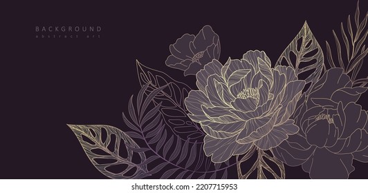Botanical line bakground with peonies flowers and leaves. Floral foliage for wedding invitation, wall art or card template. Vector illustration. Luxury rustic trendy art
