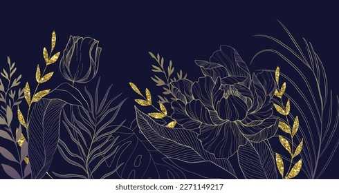 Botanical line bakground with peonies flowers and leaves. Floral foliage for wedding invitation, wall art or card template. Vector illustration. Luxury rustic trendy art