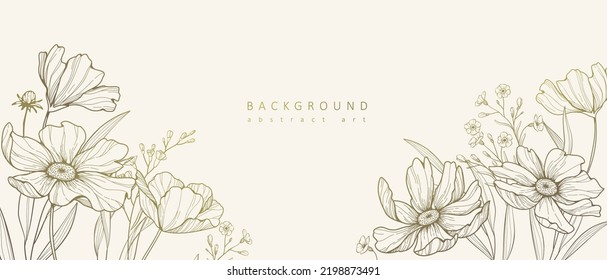 Botanischer Linienhintergrund mit Wildblumen und Blättern. Blumenblätter für Hochzeitseinladung, Tapete oder Kartenvorlage. Vektorgrafik. Luxus rustikale trendige Kunst