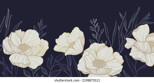 Pieza botánica con flores silvestres y hojas. Follaje floral para invitación de boda, arte mural o plantilla de tarjeta. Ilustración vectorial. Arte de moda rústico de lujo