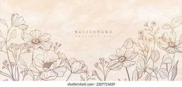 Botanical line bakground with wildflowers and leaves. Floral foliage for wedding invitation, wall art or card template. Vector illustration. Luxury rustic trendy art