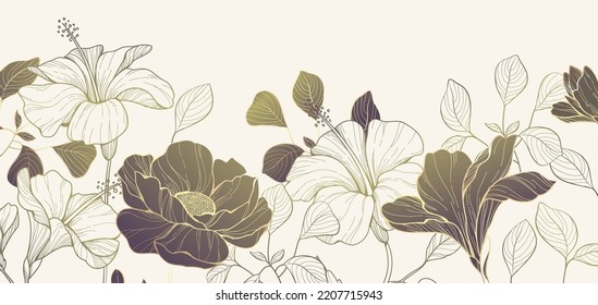 Botanical line bakground with wildflowers and leaves. Floral foliage for wedding invitation, wall art or card template. Vector illustration. Luxury rustic trendy art