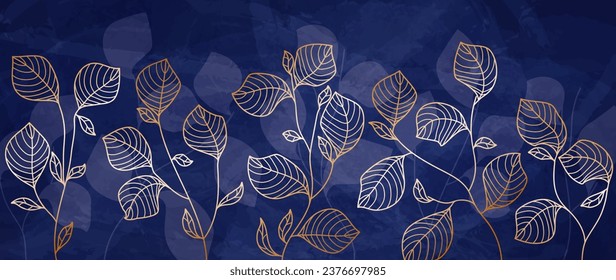 Línea botánica de ramas con hojas en un marco dorado sobre un fondo azul oscuro. Follaje acuático floral para invitación a boda, arte mural o plantilla postal. Ilustración del vector	