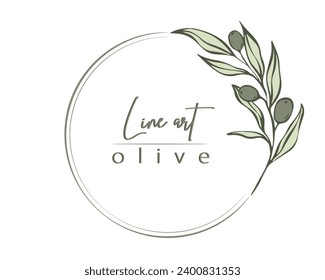 Botanical line illustration of olive leaves, branch wreath for wedding invitation and cards, logo design, web, social media and posters template.