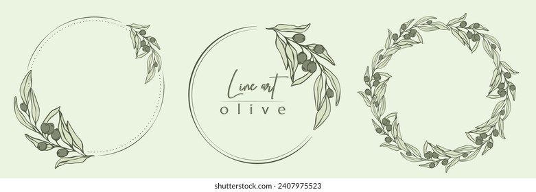 Ilustración botánica de línea de hojas de olivo, corona de ramas para invitación de boda y tarjetas, diseño de logo, web, medios sociales y plantilla de afiches. Elegante vector floral minimalista aislado. 