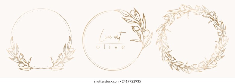 Ilustración botánica de línea de hojas de olivo, corona de ramas para invitación de boda y tarjetas, diseño de logo, web, medios sociales y plantilla de afiches. Elegante vector floral minimalista aislado.