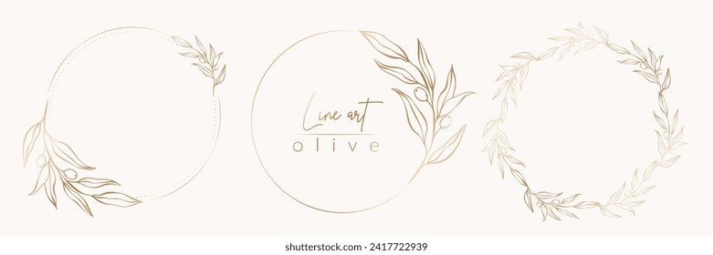 Botanical line illustration set of olive leaves, branch wreath for wedding invitation and cards, logo design, web, social media and posters template. Elegant minimal style floral vector isolated.