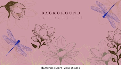 Botanical line pink background with flowers and leaves, dragonflies. Floral foliage for wedding invitation, wall art or card template. Background abstract art. 