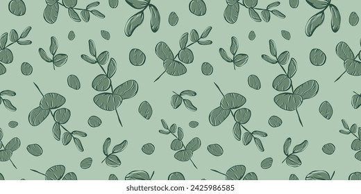Botanical line seamless pattern of a eucalyptus leaves branch for wedding invitation and cards, textile products, web, wrapping paper and poster, template, beauty and cosmetic industry.	