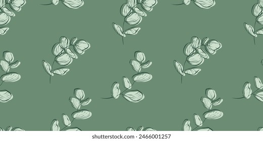 Botanical line seamless pattern of a eucalyptus leaves branch for wedding invitation and cards, textile products, web, wrapping paper and poster, template, beauty and cosmetic industry.