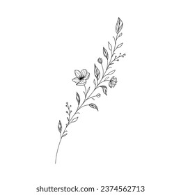 Botanischer linearer Blumenzweig. Kleines, blumengeschmücktes Element, feine Linie Jasmin und Blätter Tätowierungsskizze. Minimalistische Vektorkunst