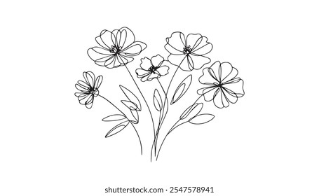 Botanical linear flower set. Abstract creative floral collection, minimalist flowery art for print, tattoo. Vector illustration